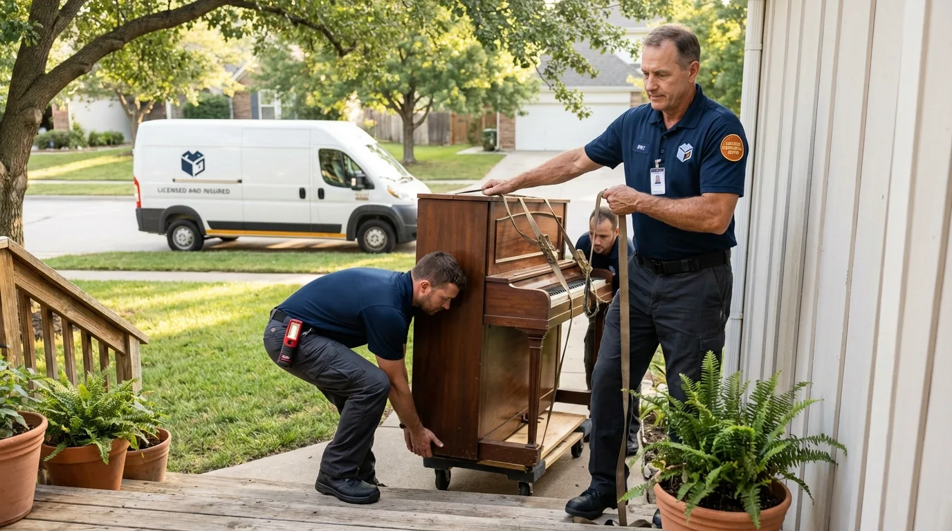 Licensed piano movers securing grand piano in Boulder, CO