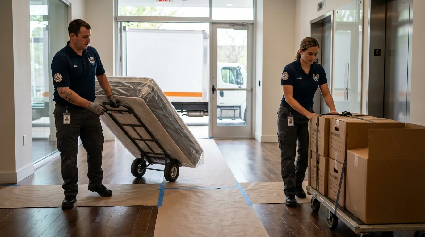 Professional apartment movers loading elevator in Boulder, CO